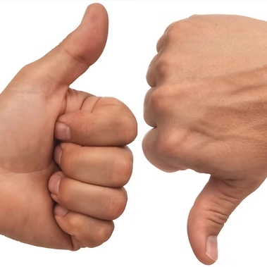 TURN (SMTH.) THUMBS DOWN/UP